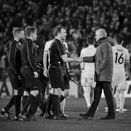 Jose Mourinho and judges, Game moments in match 1 8 finals of the Europa League between FC Rostov and Manchester United, 09 March 2017 in Rostov-on-Don, Russia.のeditorial素材
