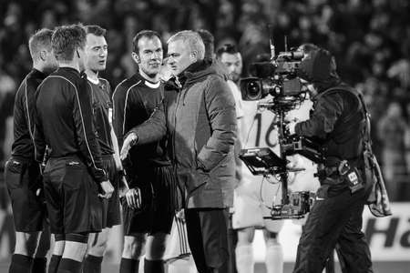 Jose Mourinho and judges, Game moments in match 1 8 finals of the Europa League between FC Rostov and Manchester United, 09 March 2017 in Rostov-on-Don, Russia.のeditorial素材