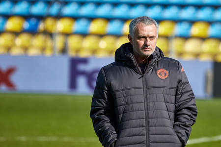 Jose Mourinho, coach of Manchester United on the pitch before the match 1 8 finals of the Europa League between FC Rostov and Manchester United, 08 March 2017 in Rostov-on-Don, Russia.のeditorial素材