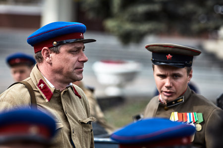 People in military uniform in honor of the Victory Day holiday. Military historical society, reconstruction of the appearance of fighters of the Second World War II. Rostov-on-Don. Russia 09.05.2018のeditorial素材