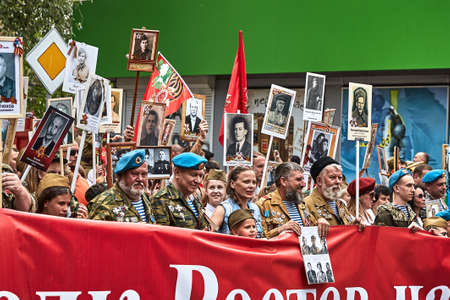 People in military uniform in honor of the Victory Day holiday. Military historical society, reconstruction of the appearance of fighters of the Second World War II. Rostov-on-Don. Russia 09.05.2018のeditorial素材