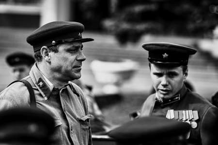 People in military uniform in honor of the Victory Day holiday. Military historical society, reconstruction of the appearance of fighters of the Second World War II. Rostov-on-Don. Russia 09.05.2018のeditorial素材