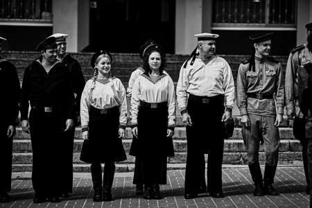 People in military uniform in honor of the Victory Day holiday. Military historical society, reconstruction of the appearance of fighters of the Second World War II. Rostov-on-Don. Russia 09.05.2018のeditorial素材