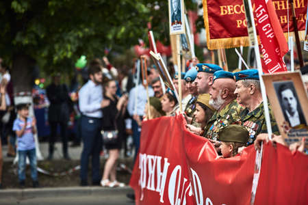 People in military uniform in honor of the Victory Day holiday. Military historical society, reconstruction of the appearance of fighters of the Second World War II. Rostov-on-Don. Russia 09.05.2018のeditorial素材