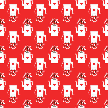 Cute vector seamless with kettles, birds, branches and hearts on the red background, wrapping paperのイラスト素材
