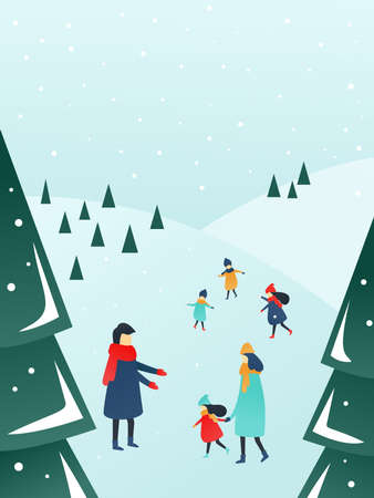 Winter activities in the forest, happy parents and children playing outside with snow. Perfect scene for a greeting cardのイラスト素材