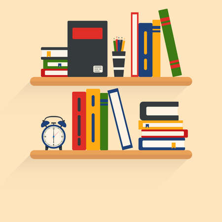 Bookshelves with different books on it, interior and study vector illustration.のイラスト素材