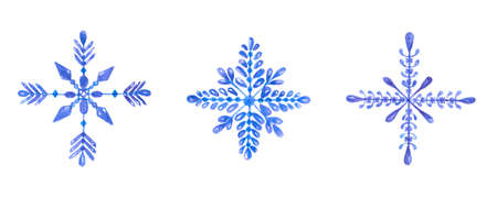 Set of hand-drawn blue watercolor snowflakes isolated on white background. Can be used as a Christmas cardの写真素材