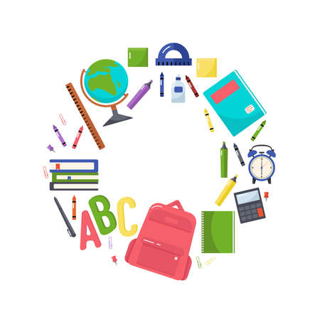 Vector colorful illustration of a school backpack, books, globe, crayons, notebook, pad, calculator, sticker sheet, pen, paper clips, glue, rulers and other school supplies on a white background.のイラスト素材