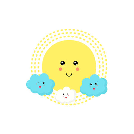 Cute sun surrounded by cute clouds. Ideal for cards for kids, posters, invitation.のイラスト素材