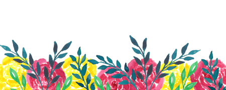Watercolor flower banner with yellow and pink roses and leaves on white background.の写真素材