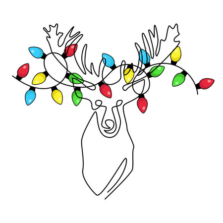 Continuous one line drawing abstract deer head with a garland on horns. Modern one line of animal illustration.のイラスト素材