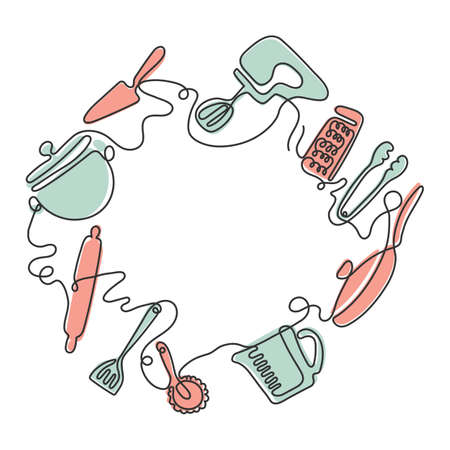 Cutlery line art background. One line drawing of different kitchen utensils. Vectorのイラスト素材
