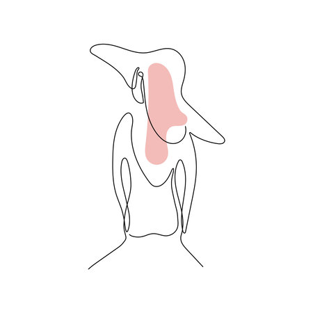 Line drawing minimalistic female silhouette. Woman wearing hat sitting back. Vector Illustrationのイラスト素材