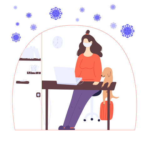 Stay home global concept. A woman is working at home on the laptop in a period of self isolation and social distancing during covid virus epidemic. The pet is very happy to spend time with the ownersのイラスト素材