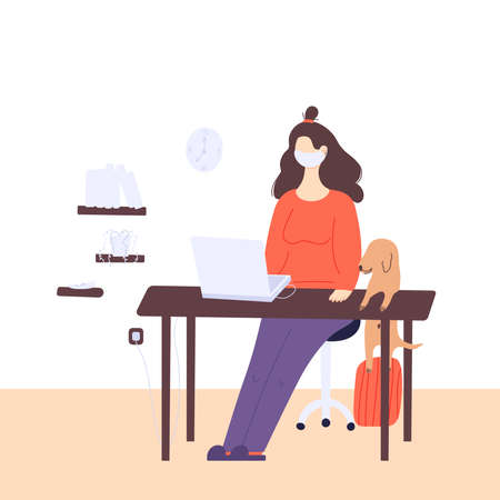 Stay home global concept. A woman is working at home on the laptop in a period of self isolation and social distancing during covid virus epidemic. The pet is very happy to spend time with the ownersのイラスト素材