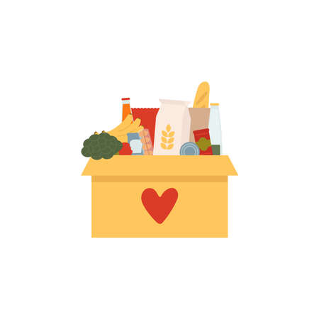 Donation box with heart. Box with different types of food supplies.のイラスト素材