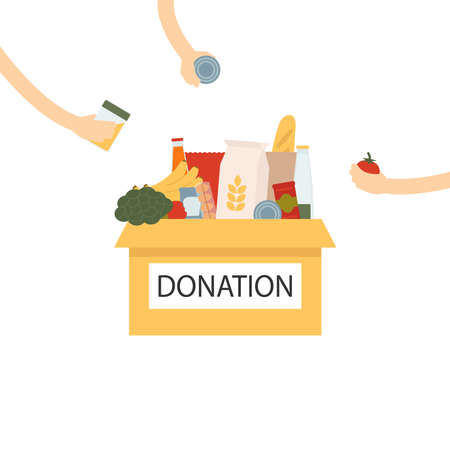Coronavirus donation food. Donation box with food and hands giving goodies. Box with different types of food supplies.のイラスト素材