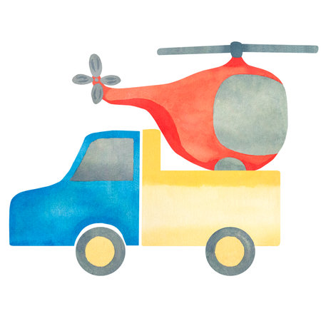 Kids toys. Watercolor illustration of a truck with a helicopter. Illustration for children.の写真素材