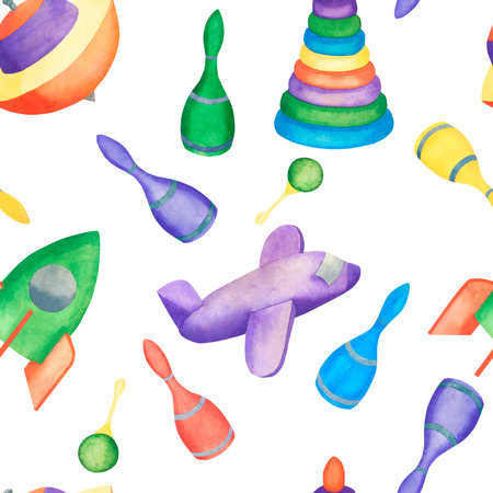 Kids toys. Watercolor patterns with toys. Illustration for children on a white background.の写真素材