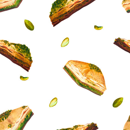 Turkish sweets, desserts. Watercolor illustrations of food. Baklava on an isolated background. Can be used for your design cards, posters, printsの写真素材
