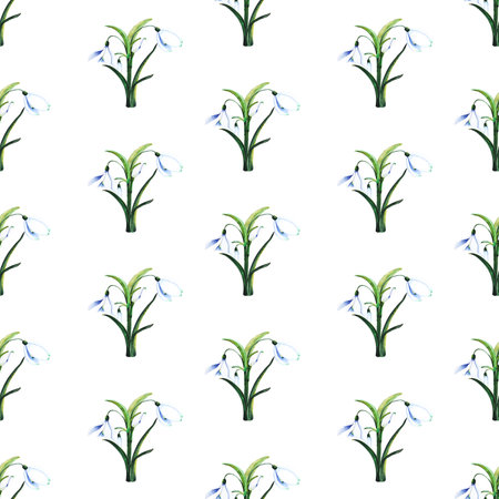 Bouquet of snowdrops. Blossoming bud with leaves. Watercolor seamless pattern. Can be used for textile design, paper productsの写真素材