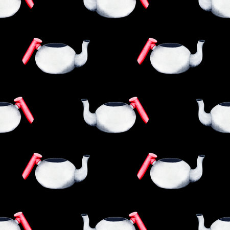 Teapot. Watercolor seamless pattern on a dark background. Can be used for textile design, paper productsの写真素材