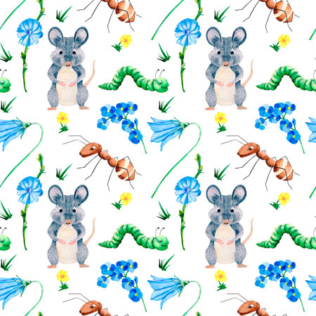 Seamless pattern of mouse, caterpillar and ant character. Plants and flowers pattern. Hand drawn watercolor illustration of animals and insects for your designの写真素材