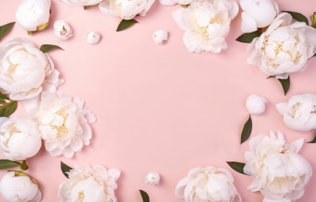 Flat lay composition with white peony flowers on light pink background. Top view with copy space. International Women day, Mother Day concept. AI generated.の素材