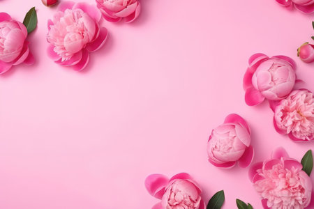 Layout with pink peony on solid background with place for text. greeting postcard with copy space. AI generated.の素材