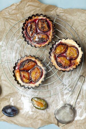 Baking with plums on the parchment. Confectionery productの写真素材