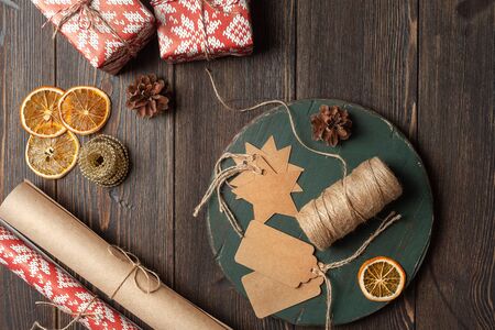 Christmas background or composition. Gift packaging concept in classic Christmas colorsの写真素材