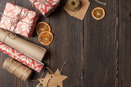 Christmas background or composition. Gift packaging concept in classic Christmas colorsの写真素材