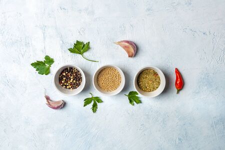 Set of fragrant spices. Pepper, mustard seeds, herbs on a concrete blue background. Food concept. Space for text, no peopleの写真素材