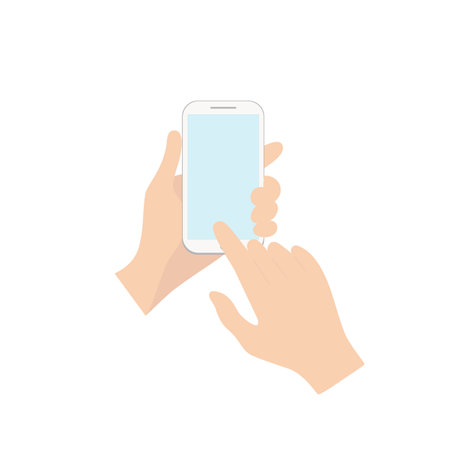 Hand holding a phone with an empty blue screen. Concept of online purchases of food, clothing, delivery, hotel order, messages. Vector illustration on a white isolated backgroundのイラスト素材