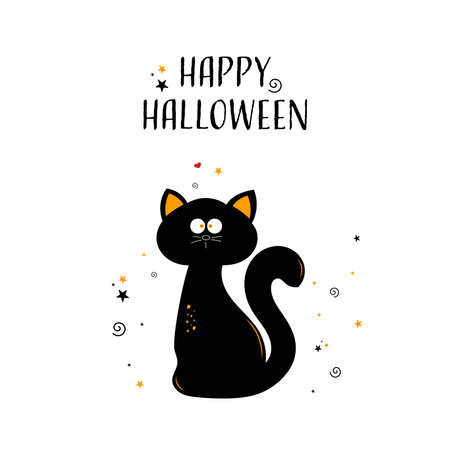 Funny cat in a cartoon style. The Halloween holiday. The silhouette of an animal on a white isolated backgroundのイラスト素材