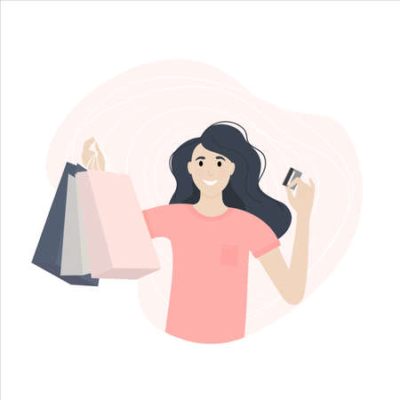 A happy young girl or character with bags in her hand and a credit card. In store purchases or seasonal salesのイラスト素材