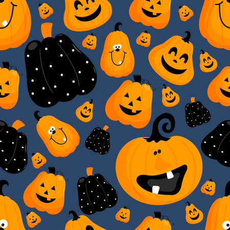 Seamless pattern with funny kind pumpkins or characters with emotions. In the cartoon style of the Halloween holidayのイラスト素材