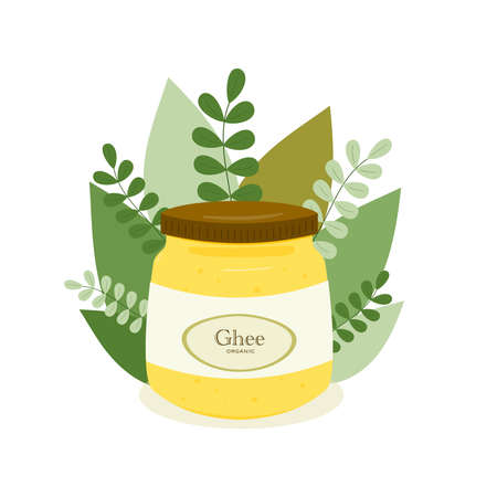 Melted butter in a glass jar in a cartoon style. Superfood. Vector on a white isolated backgroundのイラスト素材