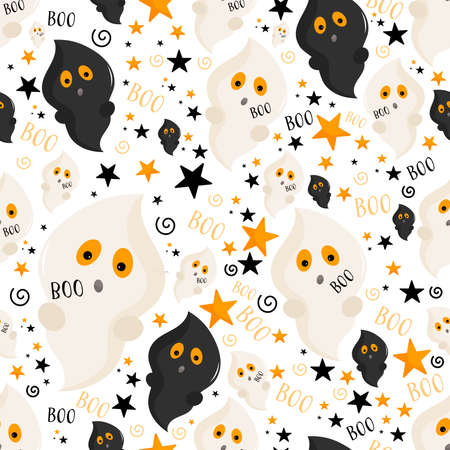 Seamless pattern with cute ghosts and stars. In the cartoon style of the Halloween holidayのイラスト素材