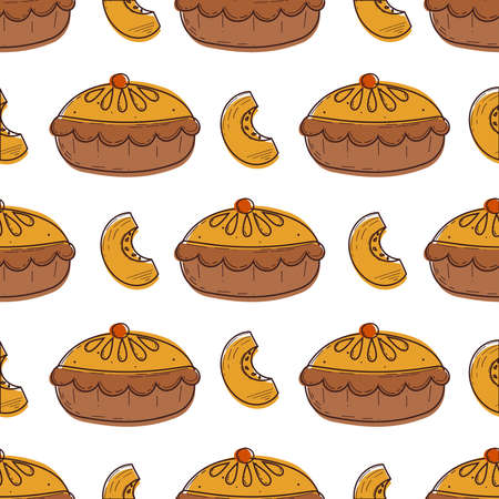 Autumn seamless pumpkin pie pattern in the style of doodles. Cartoon vector illustrationのイラスト素材