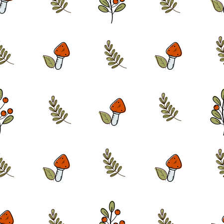 Seamless vector pattern of mushrooms and cozy autumn on a white isolated background. Harvest season. Thanksgiving Day. Hand-drawnのイラスト素材