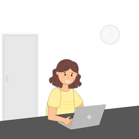 A young woman with a laptop is sitting in the office. Vector illustration. Business concept, freelance or study.のイラスト素材