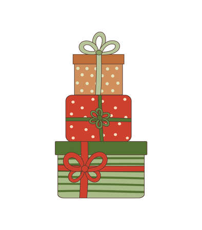 Colored gift boxes with ribbon. Holiday gift box. Vector illustration. A collection of hand-drawn on a white backgroundのイラスト素材