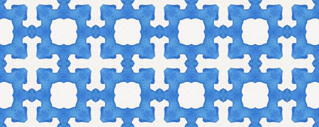 White and Blue Endless Tile. Watercolor Painting. Turkish Fresh Tile. Seamless Tracery Wallpaper....