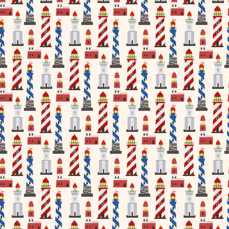 Seamless marine pattern with red, white and blue lighthouses on light background.のイラスト素材