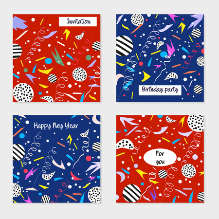 Set of party cards and invitations. Design for poster, card, invitation, placard, brochure. Birthday backgrounds with confetti, abstract modern style.のイラスト素材