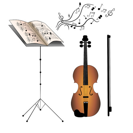 Set of violin, bow, music book and music stand.のイラスト素材