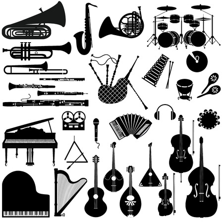 Set of black and white icons of musical instruments.のイラスト素材