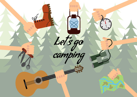 Things for camping in the hands of the forest background.のイラスト素材